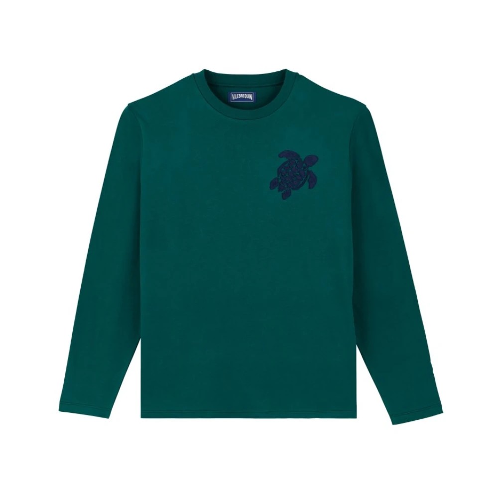 Green long-sleeve cotton T-shirt featuring an embroidered turtle design on the left chest, available in size XXL by Vilebrequin.
