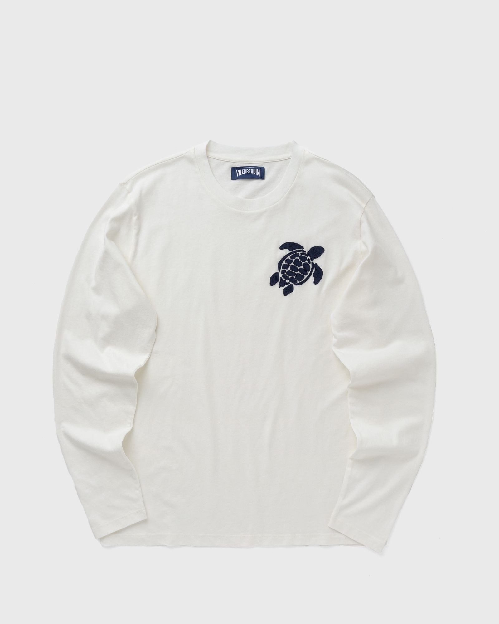 White long-sleeve cotton T-shirt featuring an embroidered navy turtle design on the left chest, size M, by Vilebrequin.