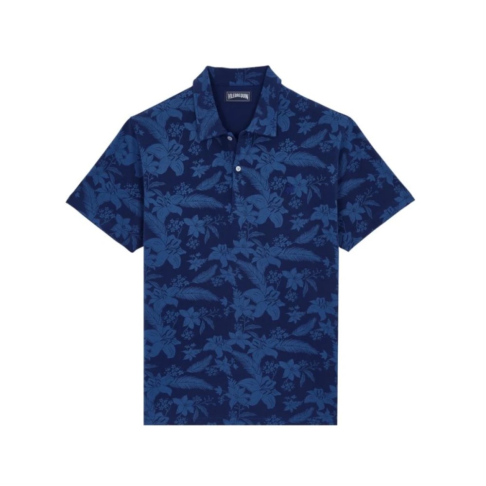 Blue cotton polo shirt featuring a vibrant lightening flower print, short sleeves, and a classic collar, designed by Vilebrequin in size L.