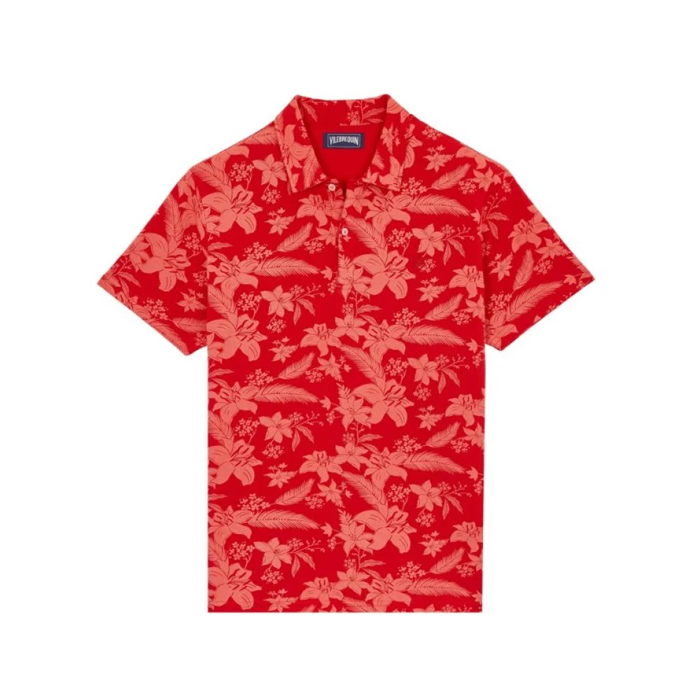 Red cotton polo shirt featuring a vibrant lightening flower print, short sleeves, and a classic collar, designed by Vilebrequin in size XXL.