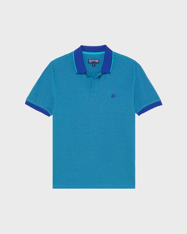 Classic fit polo shirt in vibrant turquoise cotton pique, featuring a contrasting navy collar and sleeve trim, with a small embroidered logo on the chest.