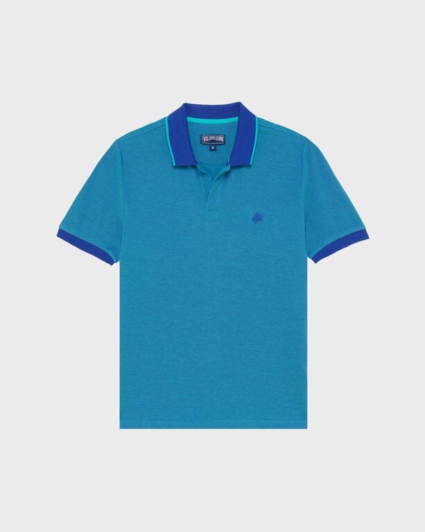 Classic fit cotton pique polo shirt in vibrant turquoise with contrasting navy collar and cuffs, featuring a subtle embroidered logo on the chest.