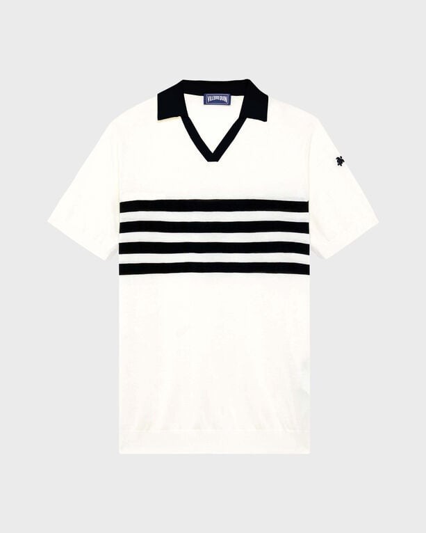 White cotton polo shirt with a bicolore design featuring black horizontal stripes and a black collar, size L, by Vilebrequin.