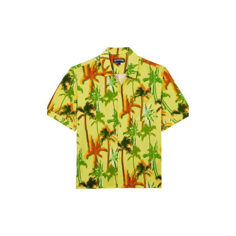 Yellow cotton short-sleeve shirt featuring a vibrant palm tree print in green and orange, designed by Vilebrequin, available in size M.