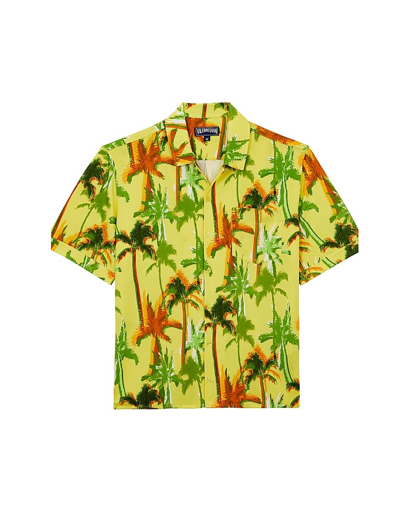 Short-sleeve yellow cotton shirt featuring a vibrant palm tree print in green and orange, designed by Vilebrequin, available in size XXXL.