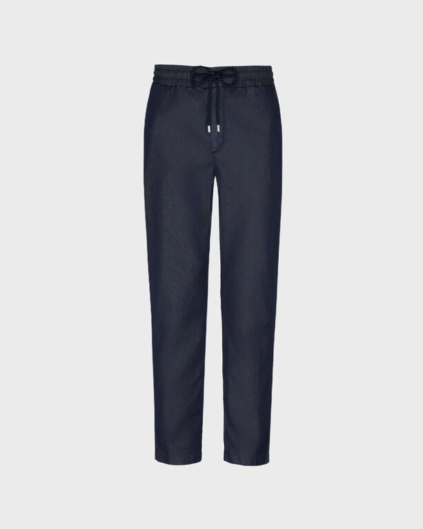 Men's blue cotton-silk blend pants with an elastic waistband and drawstring, featuring a relaxed fit and tapered leg design, size 34 by Vilebrequin.