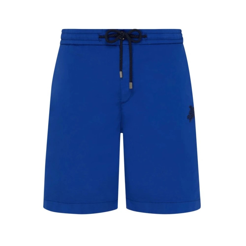 Men's Vilebrequin Bermuda shorts in vibrant blue cotton stretch, featuring an elastic waistband with a drawstring and a subtle turtle logo on the side, size 34.