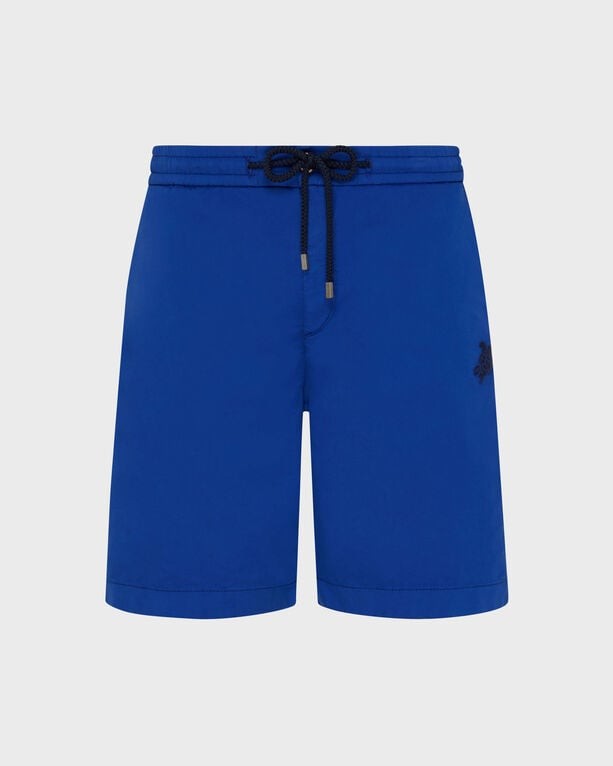 Blue cotton stretch Bermuda shorts by Vilebrequin, featuring an elastic waistband with a drawstring and a turtle logo on the side, size 40.