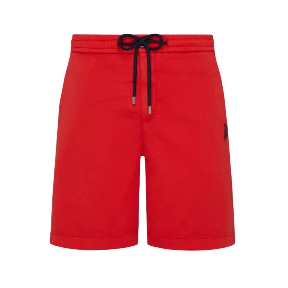 Red cotton stretch Bermuda shorts by Vilebrequin, featuring an elastic waistband with a navy drawstring and a small turtle logo on the side, size 38.