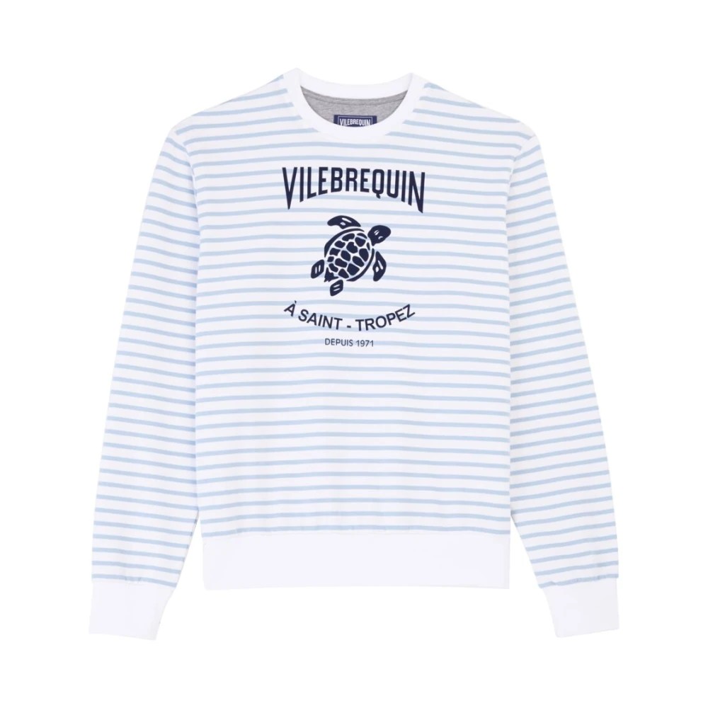Blue and white striped crewneck sweatshirt made of cotton, featuring a turtle graphic and text "Vilebrequin A Saint-Tropez" on the front, with ribbed cuffs and hem. Size L.