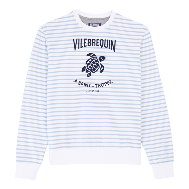 Blue and white striped cotton crewneck sweatshirt featuring a turtle graphic and "Vilebrequin A Saint-Tropez" text, with ribbed cuffs and hem, size XL.