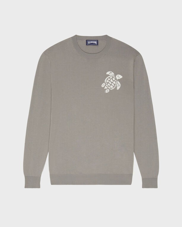 Grey cotton pullover sweater by Vilebrequin, featuring a turtle logo on the left chest, with long sleeves and a classic crew neckline, available in size XL.