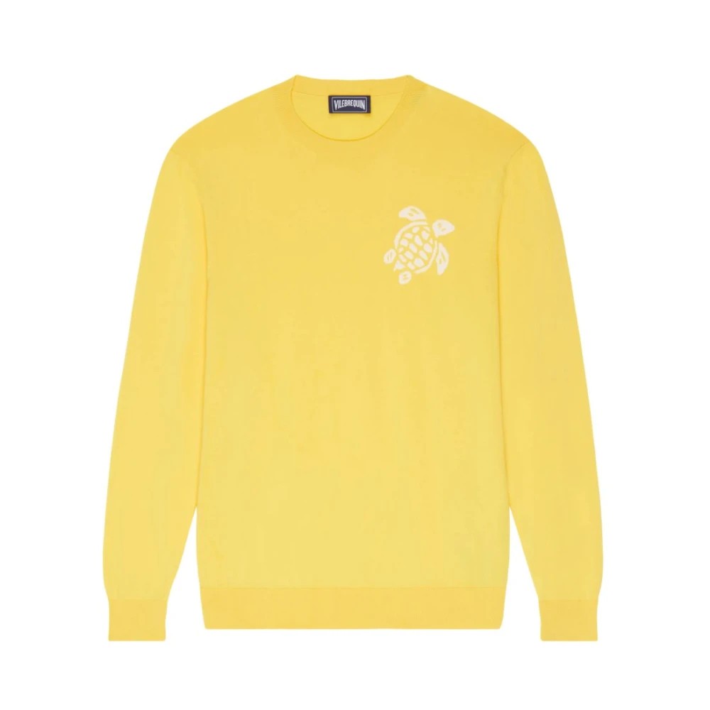 Yellow cotton pullover sweater for men by Vilebrequin, featuring a turtle graphic on the chest and long sleeves, size M.