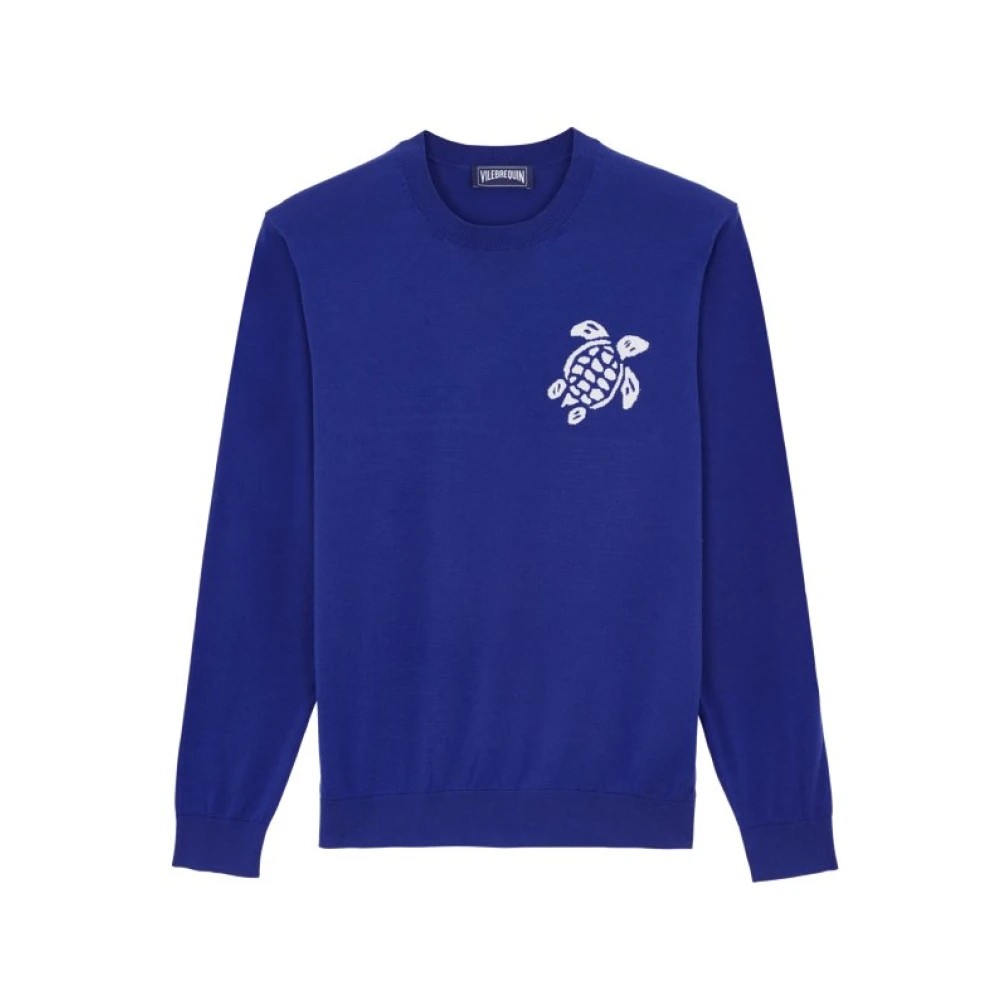 Blue cotton pullover sweater for men by Vilebrequin, featuring a turtle logo on the left chest and ribbed cuffs and neckline, size M.