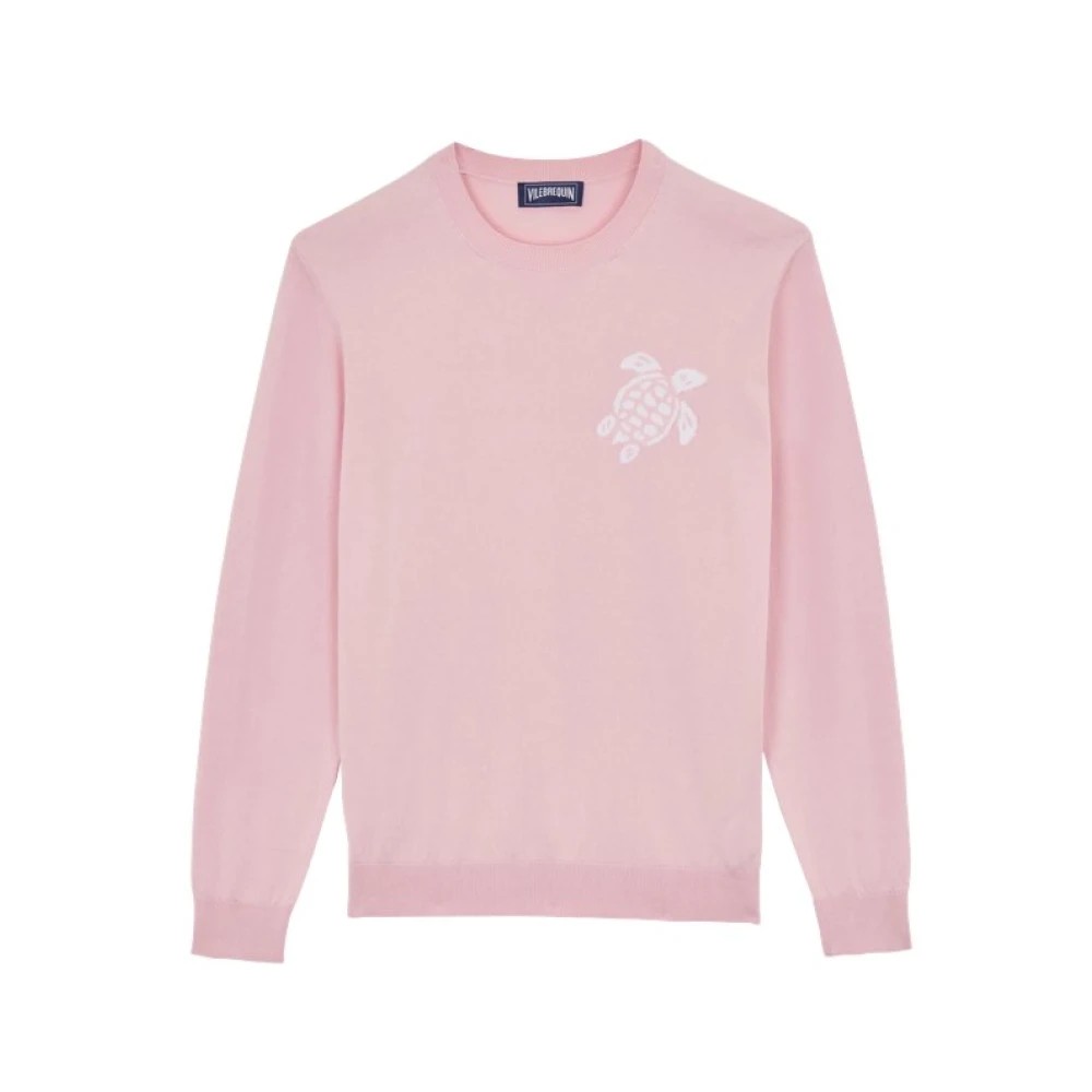 Light pink cotton pullover sweater featuring a turtle logo on the left chest, with long sleeves and a classic crew neckline, available in size L.