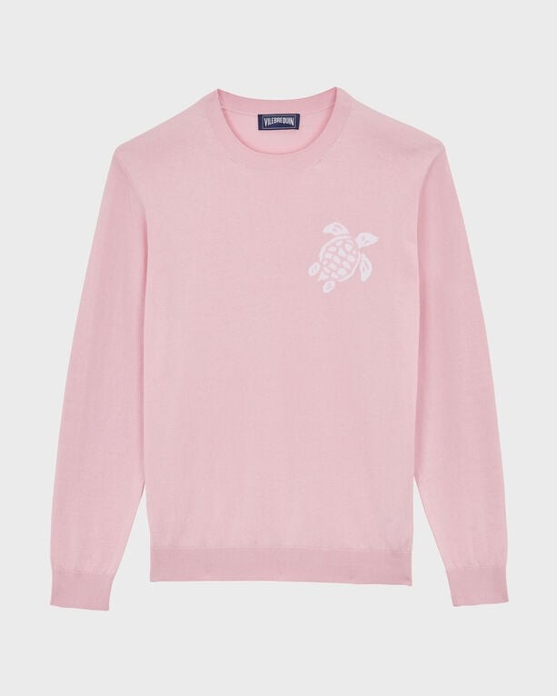Light pink cotton pullover sweater featuring a turtle graphic on the left chest, with a classic crew neckline and ribbed cuffs, in size XL by Vilebrequin.