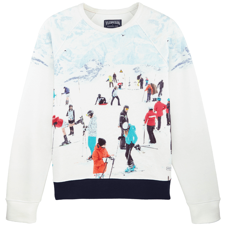 Blue cotton sweatshirt featuring a vibrant ski scene print, with a crew neckline and ribbed cuffs, designed in collaboration with Massimo Vitali, size XL.