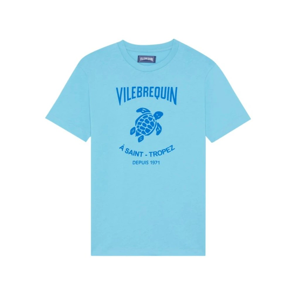 Light blue cotton T-shirt featuring a contrasted blue Gomy logo of a turtle and text "Vilebrequin A Saint-Tropez Depuis 1971," in size XL.