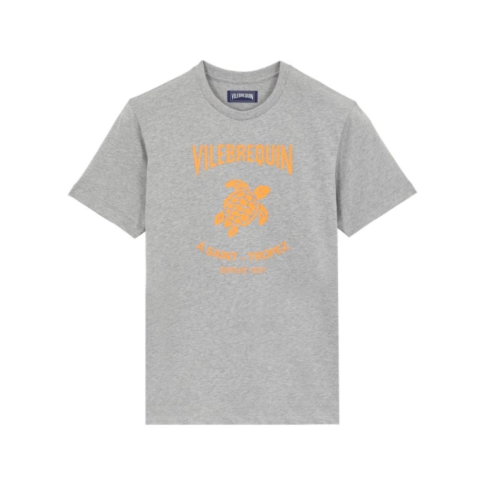 Grey cotton T-shirt featuring a contrasted orange Gomy logo and "Vilebrequin" text, with a classic crew neck and short sleeves, available in size L.