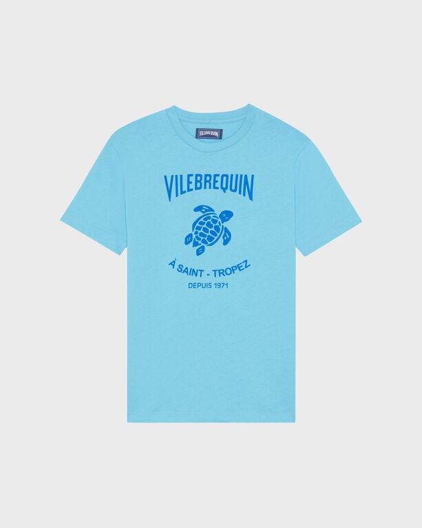 Light blue cotton T-shirt featuring a contrasted blue Gomy logo and text "VILEBREQUIN À SAINT-TROPEZ DEPUIS 1971," in size S.