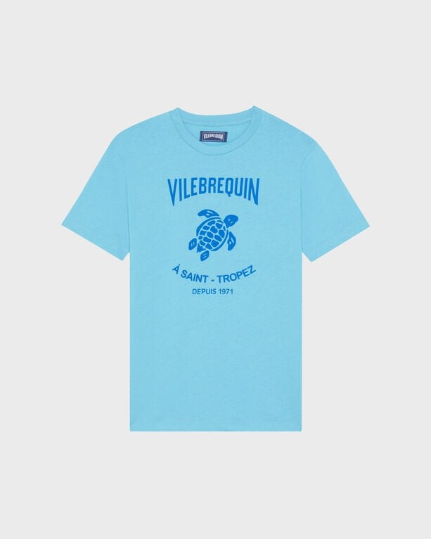 Light blue cotton T-shirt featuring a contrasted blue Gomy logo and text "VILEBREQUIN À SAINT-TROPEZ DEPUIS 1971," available in size XXXL.