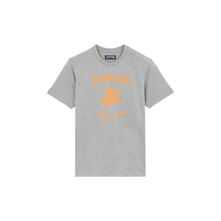 Grey cotton T-shirt featuring a contrasting orange Gomy logo design on the front, short sleeves, and a classic crew neck, available in size S.