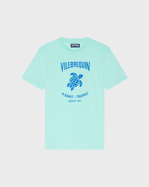 Light green cotton T-shirt featuring a blue turtle logo and "Vilebrequin" text, with "À Saint-Tropez" and "Depuis 1971" printed below, in size L.