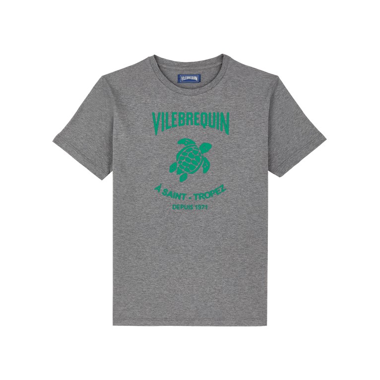 Grey cotton T-shirt featuring an embossed green Vilebrequin logo and a turtle graphic, with "A SAINT-TROPEZ DEPUIS 1971" text, in size L.