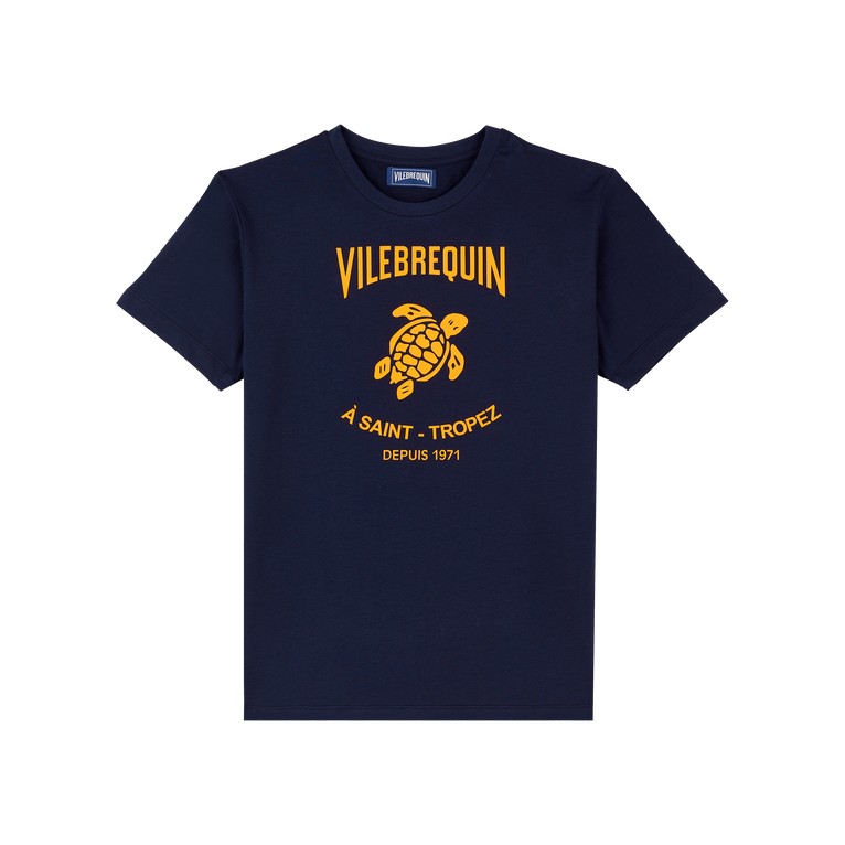 Blue cotton T-shirt featuring an embossed yellow Vilebrequin logo and turtle design, with "À SAINT - TROPEZ" and "DEPUIS 1971" text, in size L.
