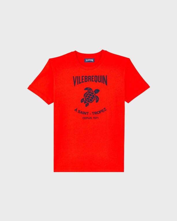 Red cotton t-shirt featuring an embossed Vilebrequin logo and turtle graphic, with "A SAINT-TROPEZ" and "DEPUS 1971" text, in size XXL.