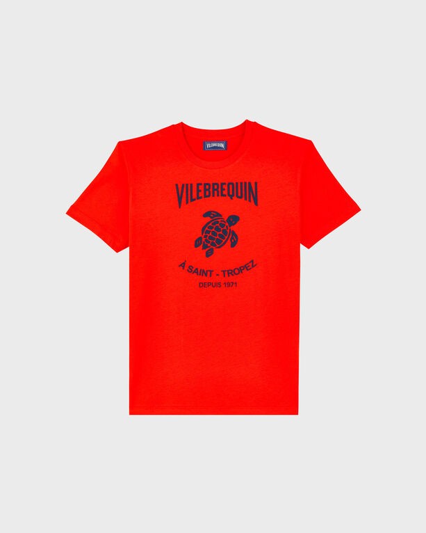 Red cotton t-shirt featuring an embossed Vilebrequin logo with a turtle design and text reading "À Saint-Tropez" and "Depuis 1971," in navy blue, size S.