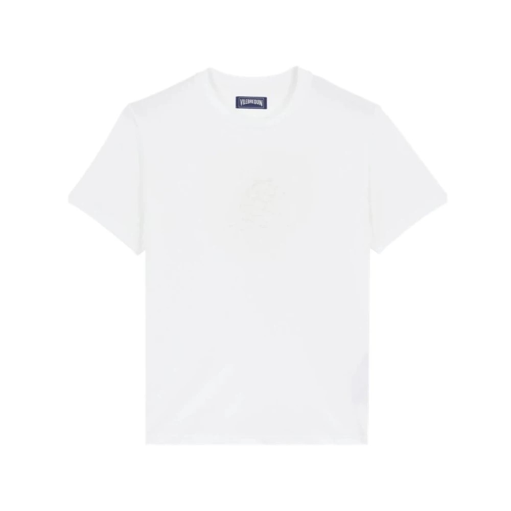 White cotton T-shirt featuring an embroidered tone-on-tone turtle design, short sleeves, and a classic crew neck, labeled as Portisol in size M by Vilebrequin.