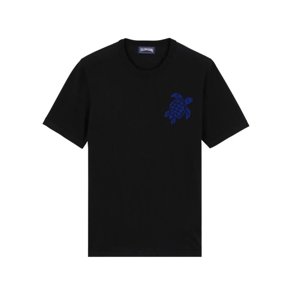 Black cotton T-shirt featuring a blue jacquard turtle design on the left chest, with a classic crew neckline and short sleeves, available in size XXXL.