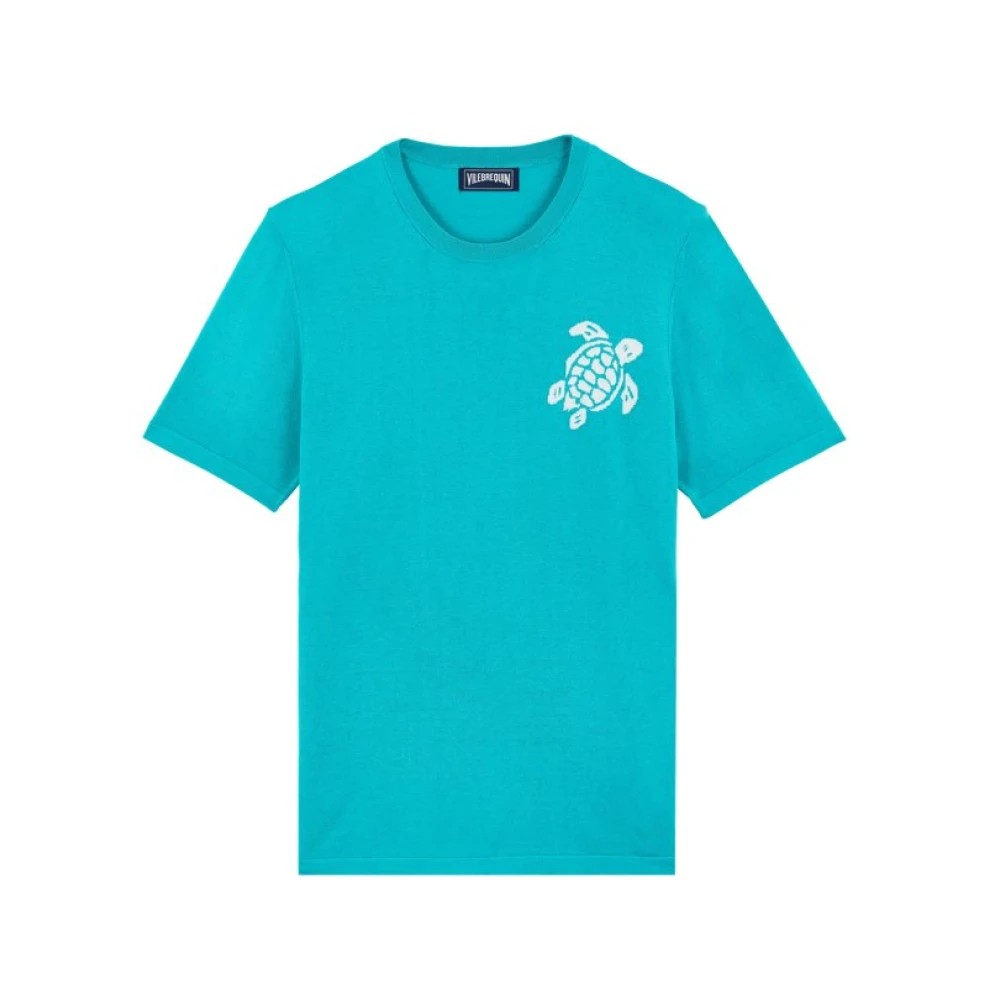 Turquoise cotton T-shirt featuring a jacquard turtle design on the chest, short sleeves, and a classic crew neck, available in size L.