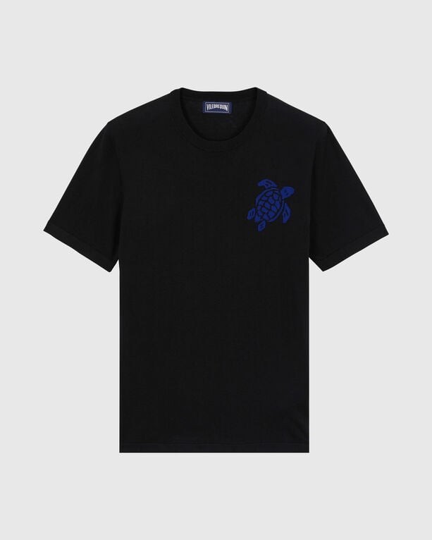 Black cotton T-shirt featuring a blue jacquard turtle design on the left chest, with a classic crew neck and short sleeves, size S.