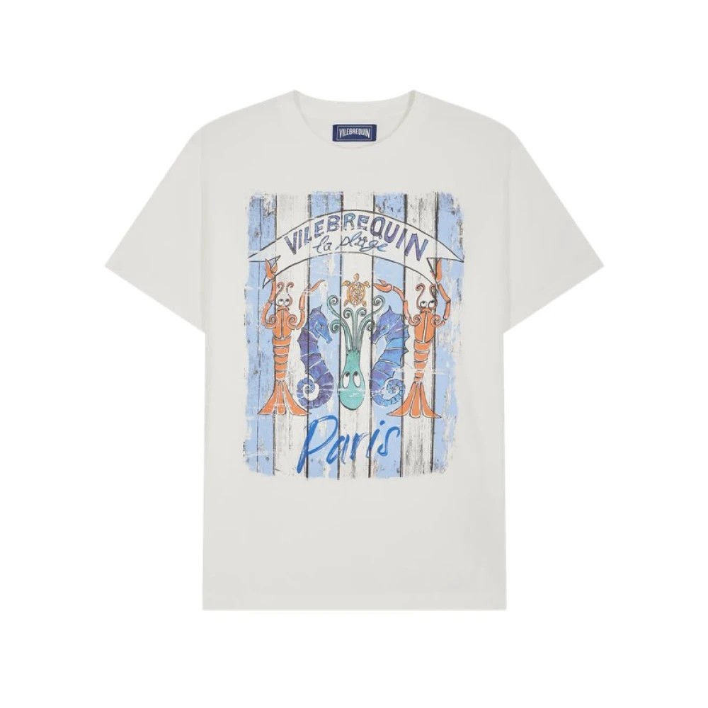 White cotton T-shirt featuring a colorful graphic design with lobsters and the text "Vilebrequin à la plage Paris," in size L.