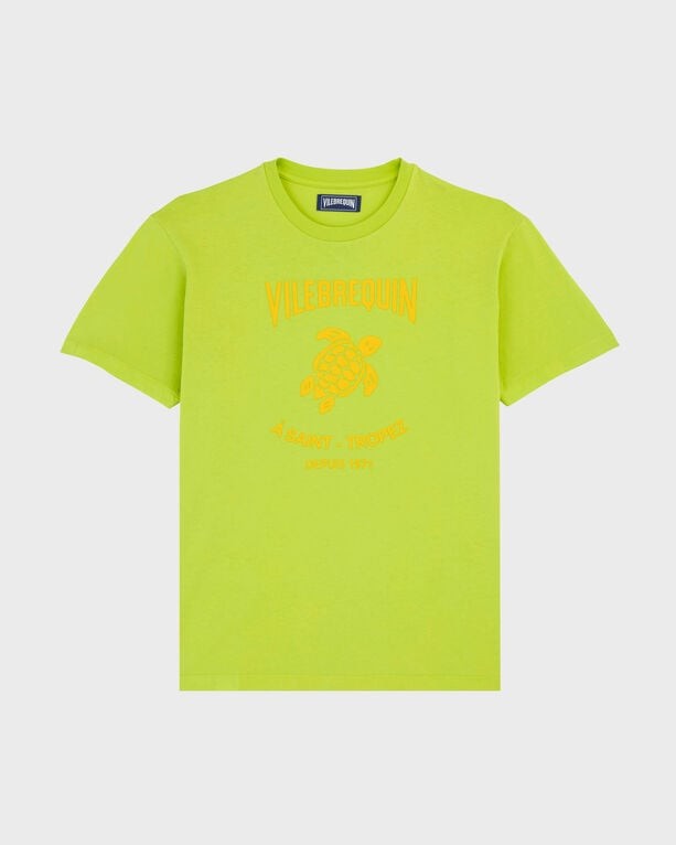 Bright green cotton T-shirt featuring a printed turtle logo and "Vilebrequin" text in orange, designed for men in size 4XL.