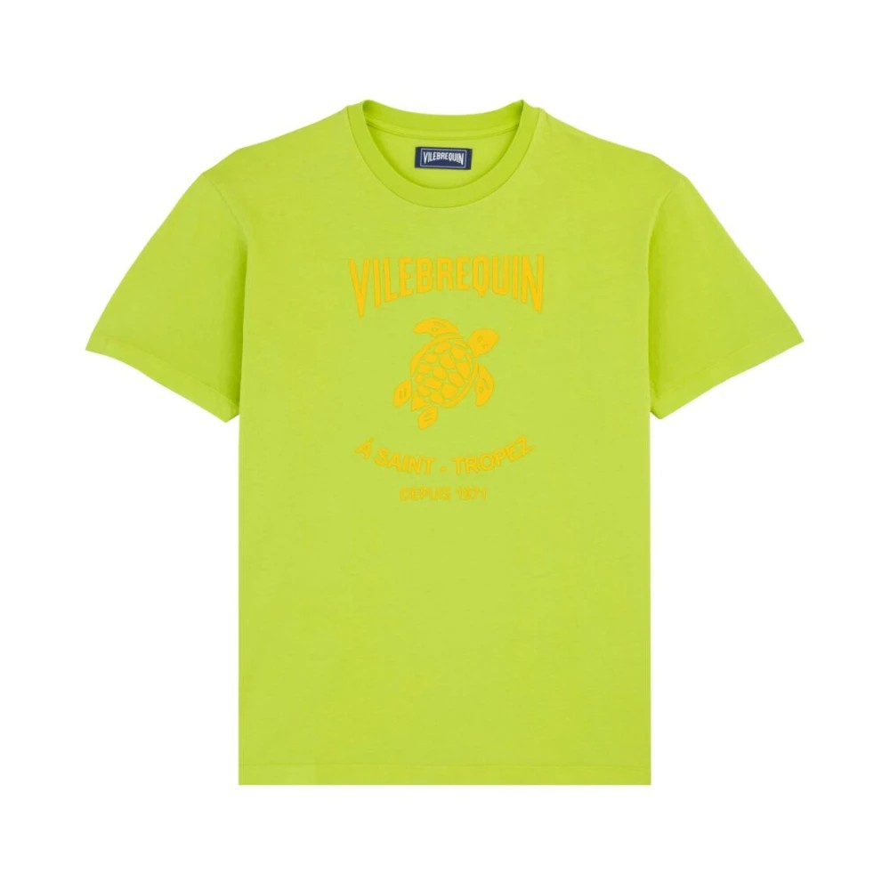 Bright green cotton T-shirt featuring a printed orange turtle logo and "Vilebrequin" text, with a relaxed fit and crew neckline, size S.