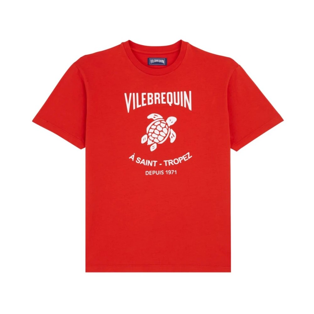 Red cotton t-shirt featuring a printed turtle logo and "Vilebrequin À Saint-Tropez Depuis 1971" text, in size L.