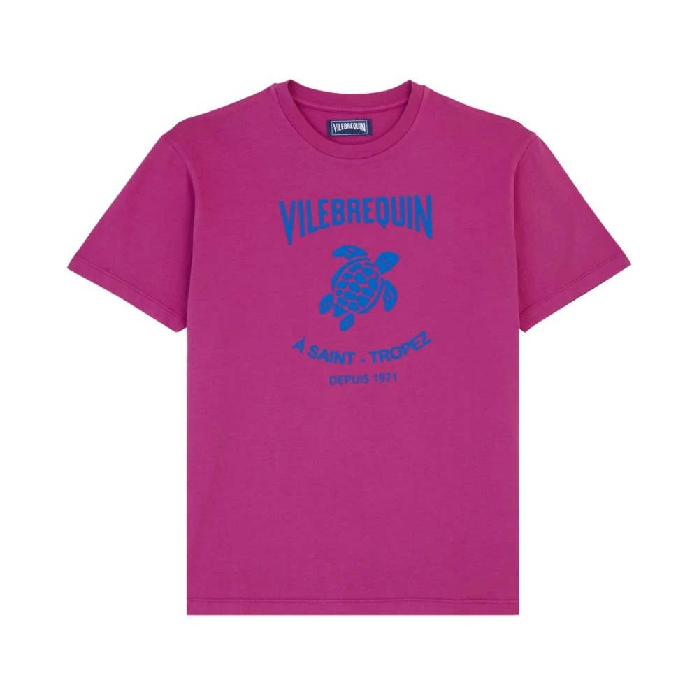 Red cotton T-shirt featuring a blue printed turtle logo and "Vilebrequin A Saint-Tropez Depuis 1971" text, designed in a relaxed fit, size L.