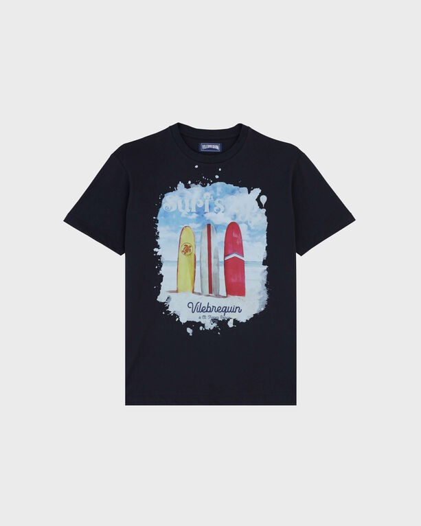 Blue cotton men's T-shirt featuring a colorful surfboard graphic with the text "Surf's Up" and the brand name "Vilebrequin" in a casual, relaxed fit, size S.