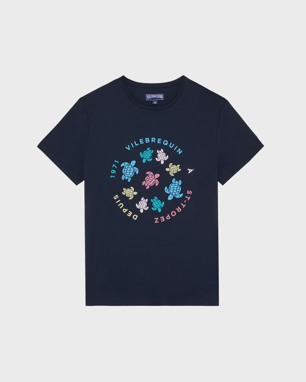 Blue cotton T-shirt featuring a colorful turtle graphic design in a circular pattern, with "Vilebrequin" and "1971" text, in size XXXL.