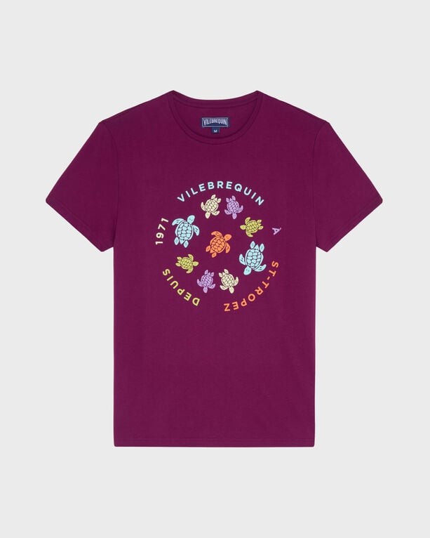 Purple cotton T-shirt featuring multicolored turtle graphics in a circular design, with "Vilebrequin" and "1971" text, size M.