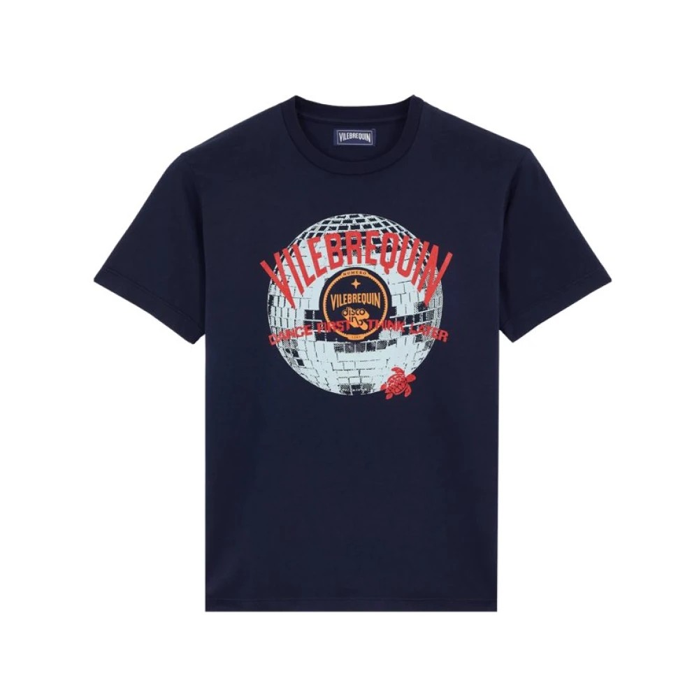 Navy blue cotton T-shirt featuring a large disco ball graphic with "Vilebrequin" text, complemented by red accents, in size L.