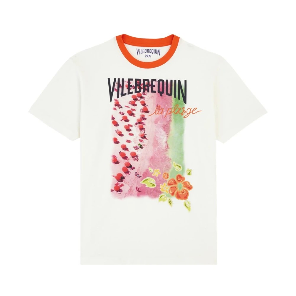 White cotton T-shirt featuring a colorful beach scene graphic, "Vilebrequin La Plage" text, and a vibrant red collar, available in size XL.