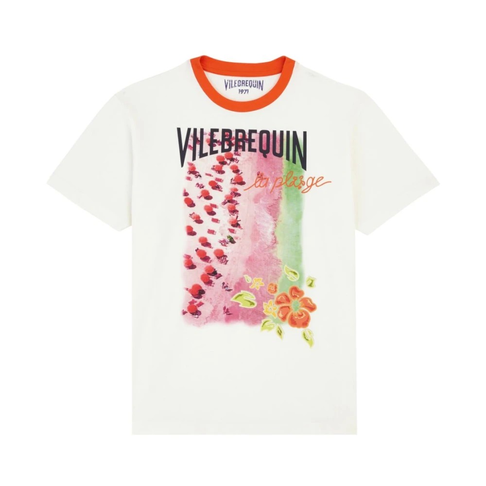 White cotton T-shirt featuring a colorful beach scene print with red accents, "Vilebrequin" text, and floral details, size L.