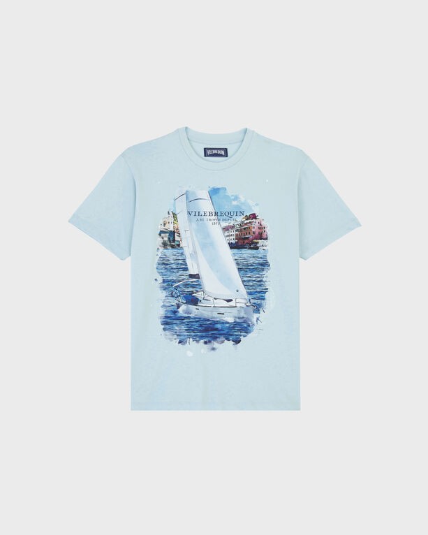 Light blue cotton T-shirt featuring a sailing boat graphic on a water background, with "Vilebrequin" text, in size XXL.