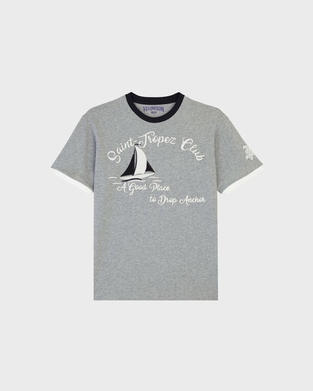 Grey cotton T-shirt featuring a sailboat graphic, "Saint-Tropez Club" text, and contrasting navy collar and sleeve trims, in size M.