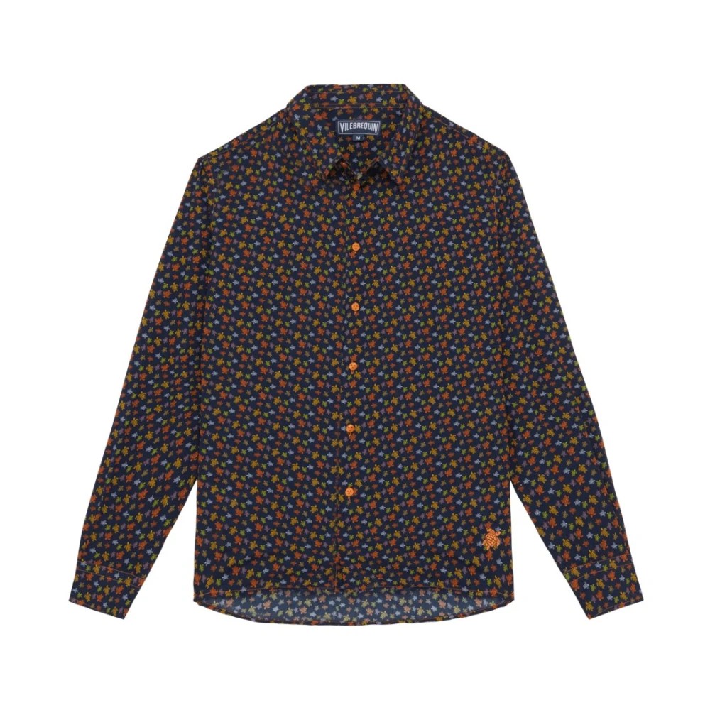 Orange cotton voile shirt featuring a micro turtle print, long sleeves, button-down front, and a relaxed fit, labeled as size XL by Vilebrequin.