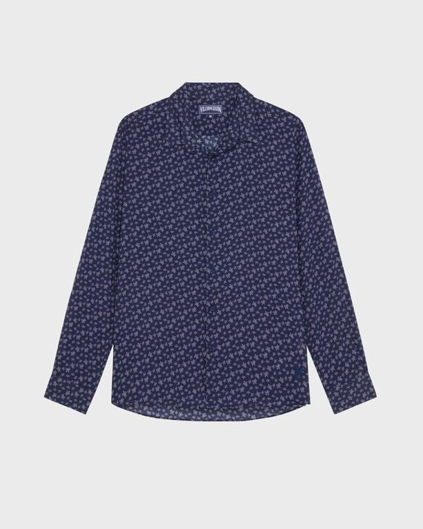 Purple cotton voile shirt featuring a micro turtle pattern, long sleeves, and a classic collar, designed by Vilebrequin in size XXXL.